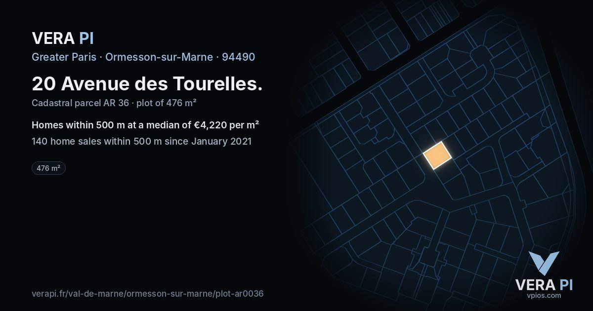 20 Avenue des Tourelles, Ormesson-sur-Marne at night – the plot lit, the parcels around coloured by the prices near them