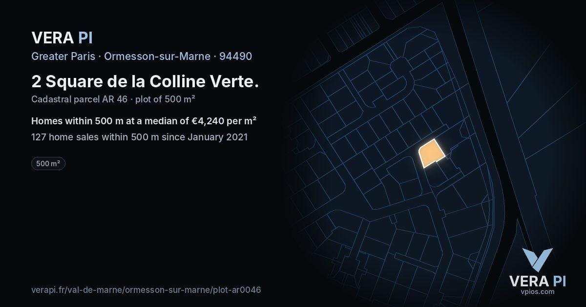 2 Square de la Colline Verte, Ormesson-sur-Marne at night – the plot lit, the parcels around coloured by the prices near them