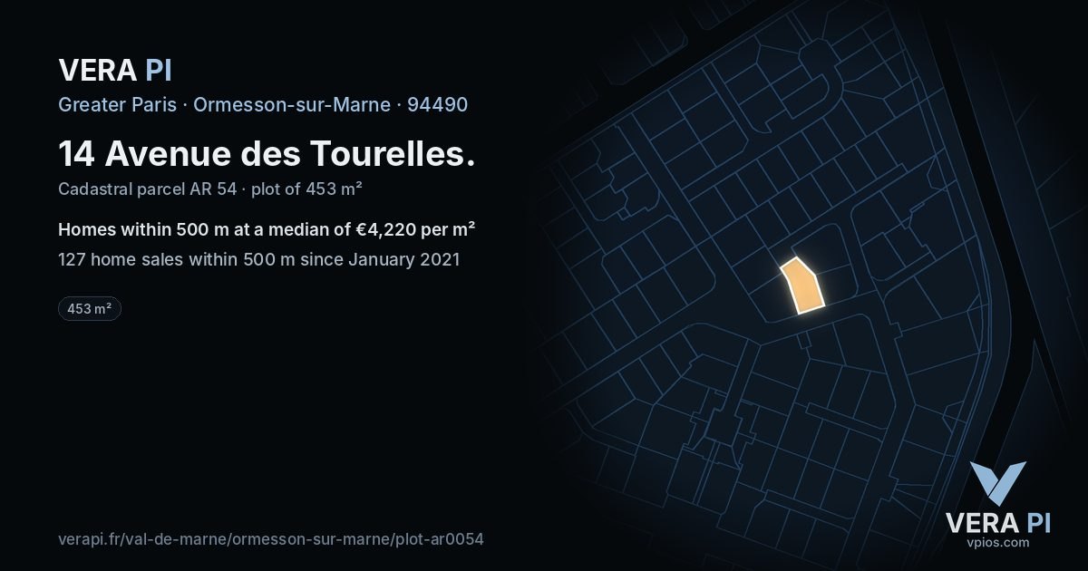 14 Avenue des Tourelles, Ormesson-sur-Marne at night – the plot lit, the parcels around coloured by the prices near them
