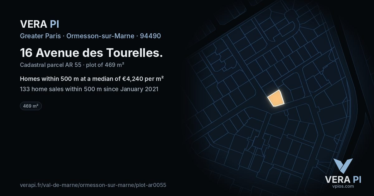 16 Avenue des Tourelles, Ormesson-sur-Marne at night – the plot lit, the parcels around coloured by the prices near them