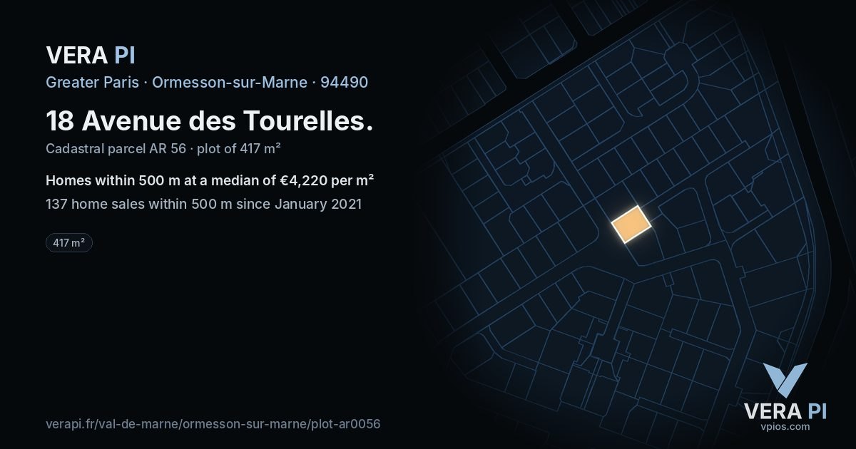 18 Avenue des Tourelles, Ormesson-sur-Marne at night – the plot lit, the parcels around coloured by the prices near them
