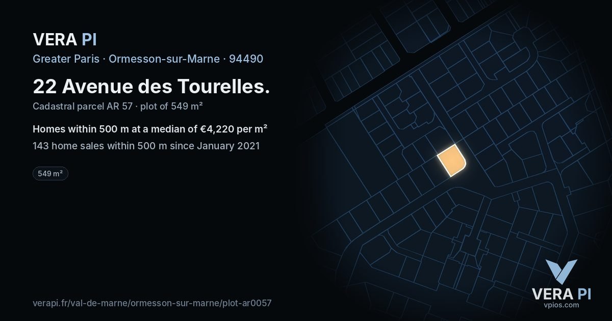 22 Avenue des Tourelles, Ormesson-sur-Marne at night – the plot lit, the parcels around coloured by the prices near them