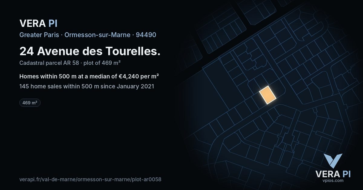 24 Avenue des Tourelles, Ormesson-sur-Marne at night – the plot lit, the parcels around coloured by the prices near them