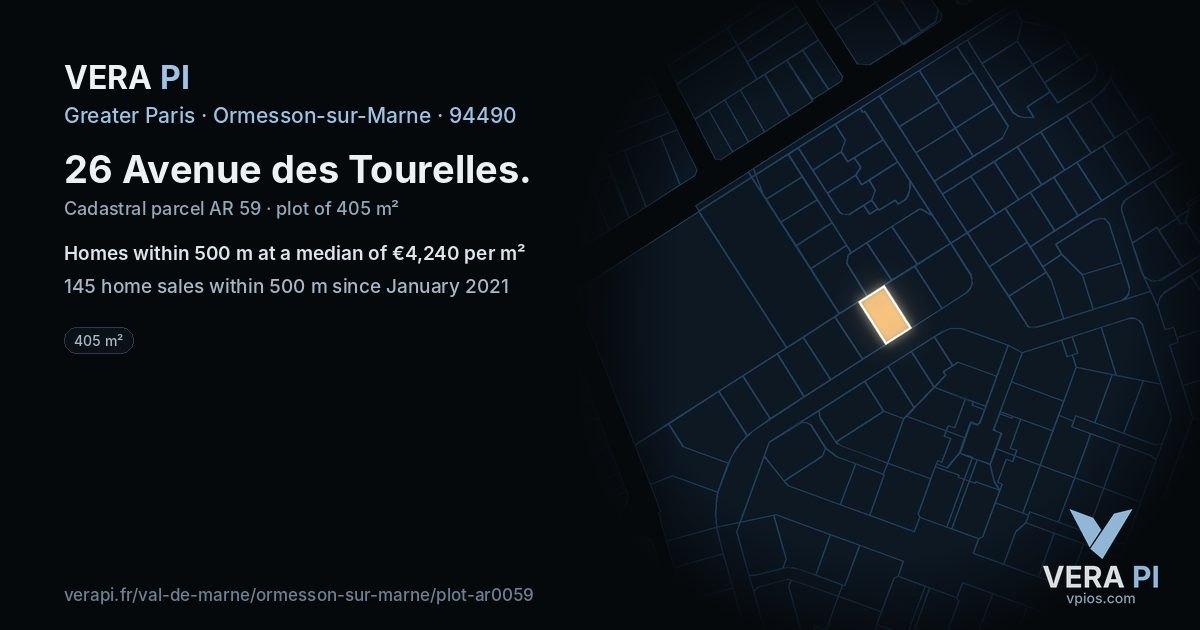 26 Avenue des Tourelles, Ormesson-sur-Marne at night – the plot lit, the parcels around coloured by the prices near them