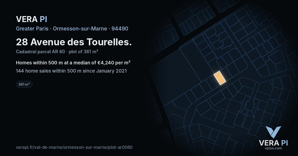 28 Avenue des Tourelles, Ormesson-sur-Marne at night – the plot lit, the parcels around coloured by the prices near them