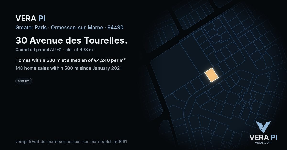 30 Avenue des Tourelles, Ormesson-sur-Marne at night – the plot lit, the parcels around coloured by the prices near them