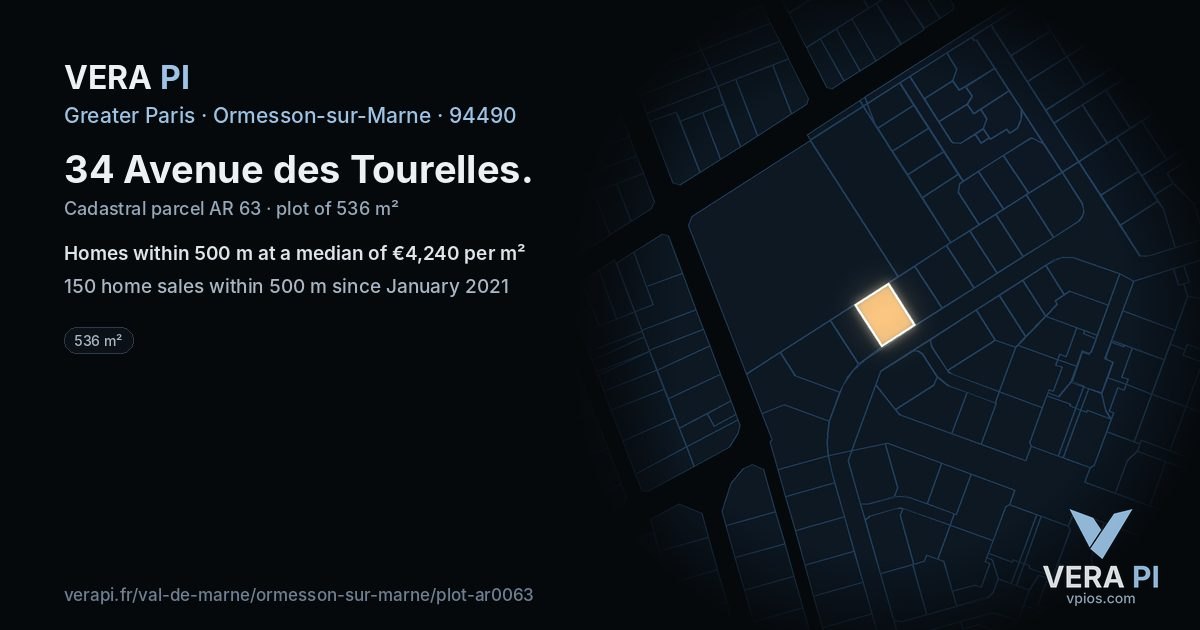 34 Avenue des Tourelles, Ormesson-sur-Marne at night – the plot lit, the parcels around coloured by the prices near them