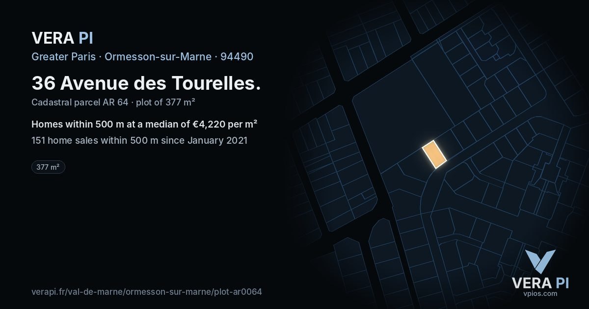 36 Avenue des Tourelles, Ormesson-sur-Marne at night – the plot lit, the parcels around coloured by the prices near them
