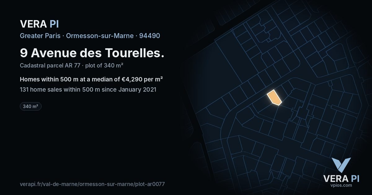 9 Avenue des Tourelles, Ormesson-sur-Marne at night – the plot lit, the parcels around coloured by the prices near them