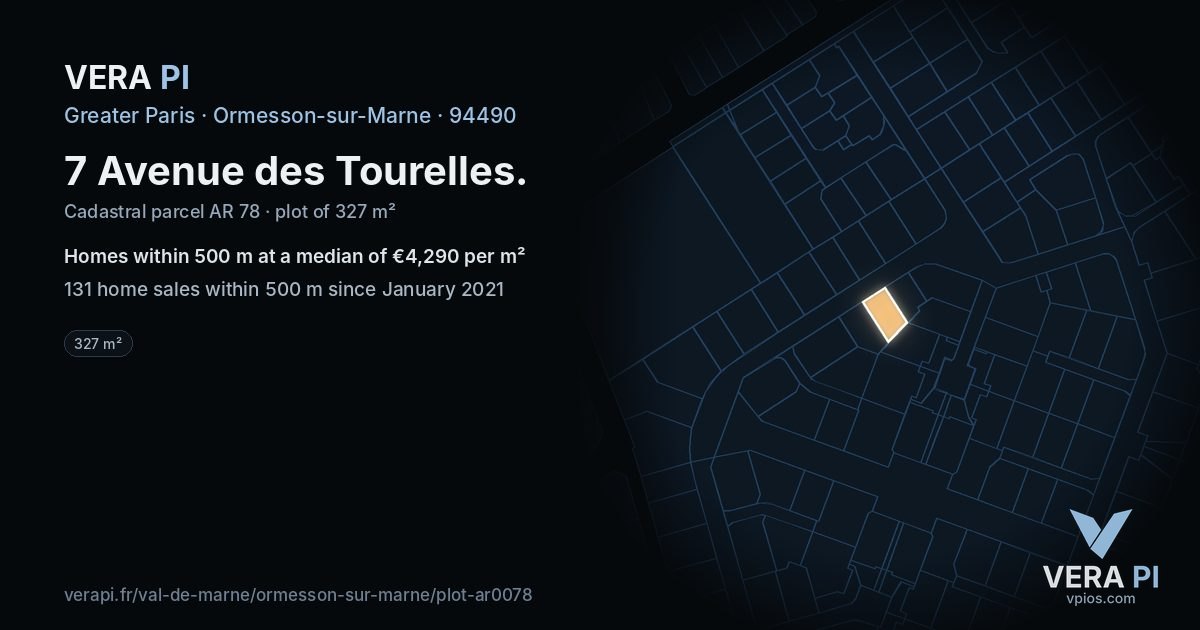 7 Avenue des Tourelles, Ormesson-sur-Marne at night – the plot lit, the parcels around coloured by the prices near them