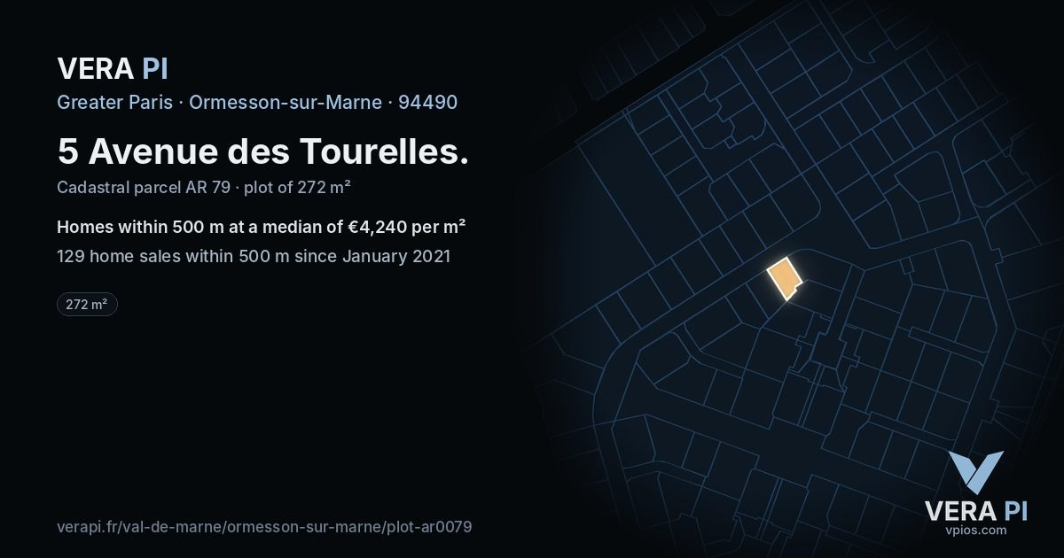 5 Avenue des Tourelles, Ormesson-sur-Marne at night – the plot lit, the parcels around coloured by the prices near them