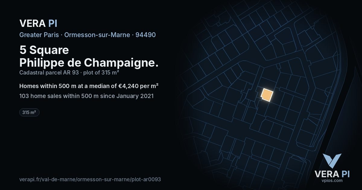 5 Square Philippe de Champaigne, Ormesson-sur-Marne at night – the plot lit, the parcels around coloured by the prices near them