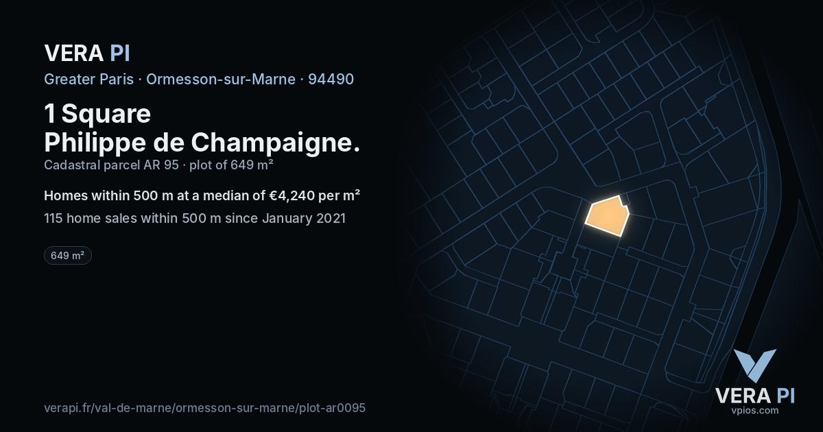 1 Square Philippe de Champaigne, Ormesson-sur-Marne at night – the plot lit, the parcels around coloured by the prices near them
