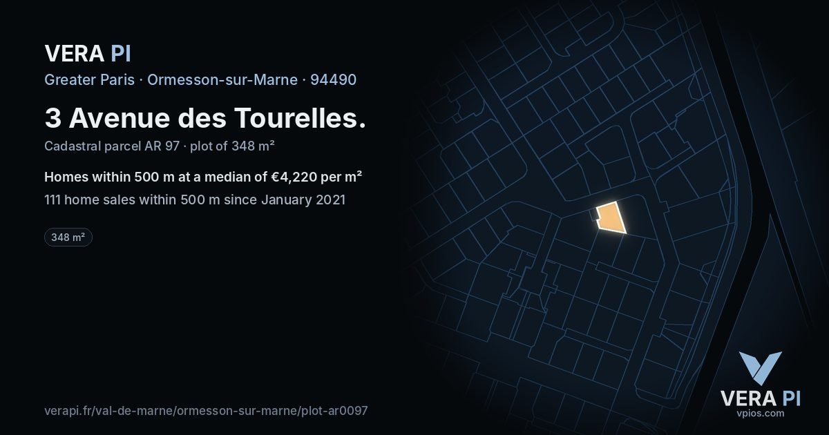 3 Avenue des Tourelles, Ormesson-sur-Marne at night – the plot lit, the parcels around coloured by the prices near them