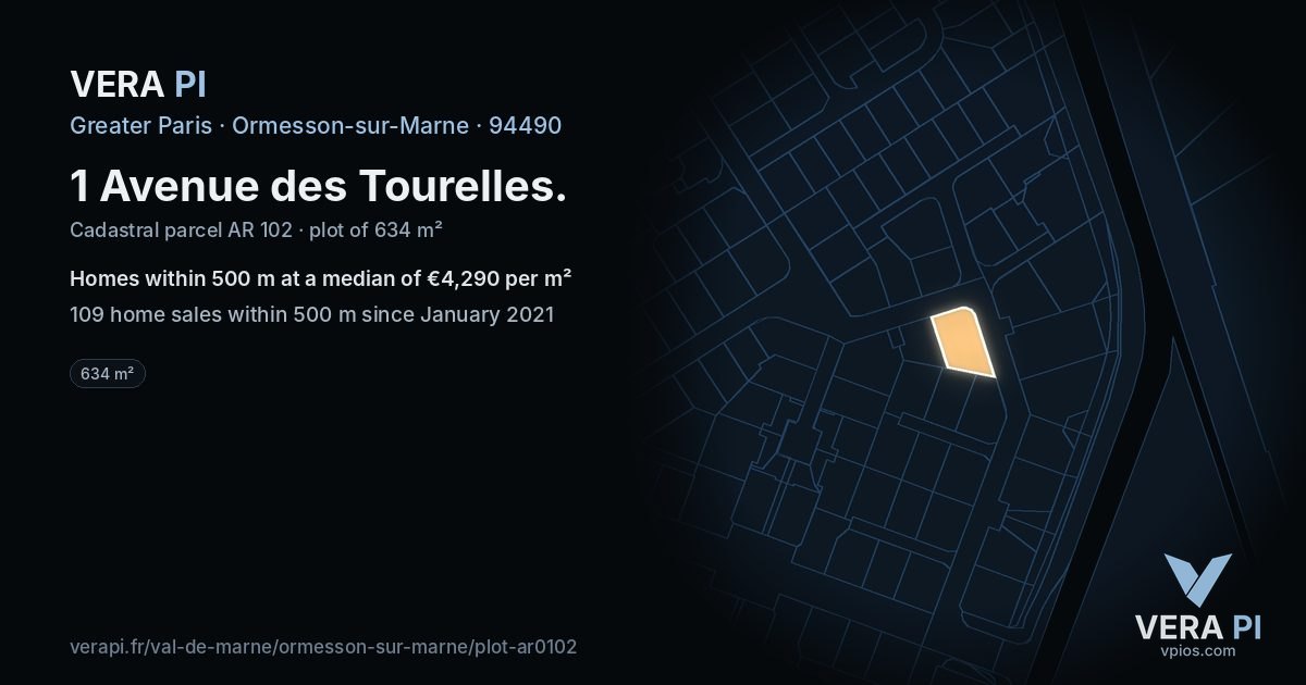 1 Avenue des Tourelles, Ormesson-sur-Marne at night – the plot lit, the parcels around coloured by the prices near them