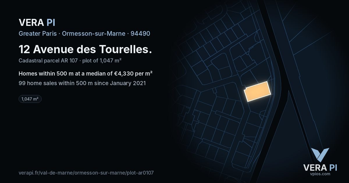 12 Avenue des Tourelles, Ormesson-sur-Marne at night – the plot lit, the parcels around coloured by the prices near them