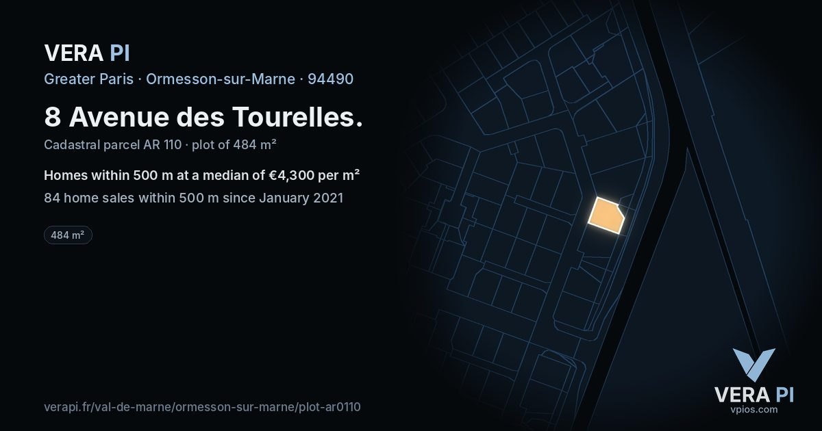 8 Avenue des Tourelles, Ormesson-sur-Marne at night – the plot lit, the parcels around coloured by the prices near them