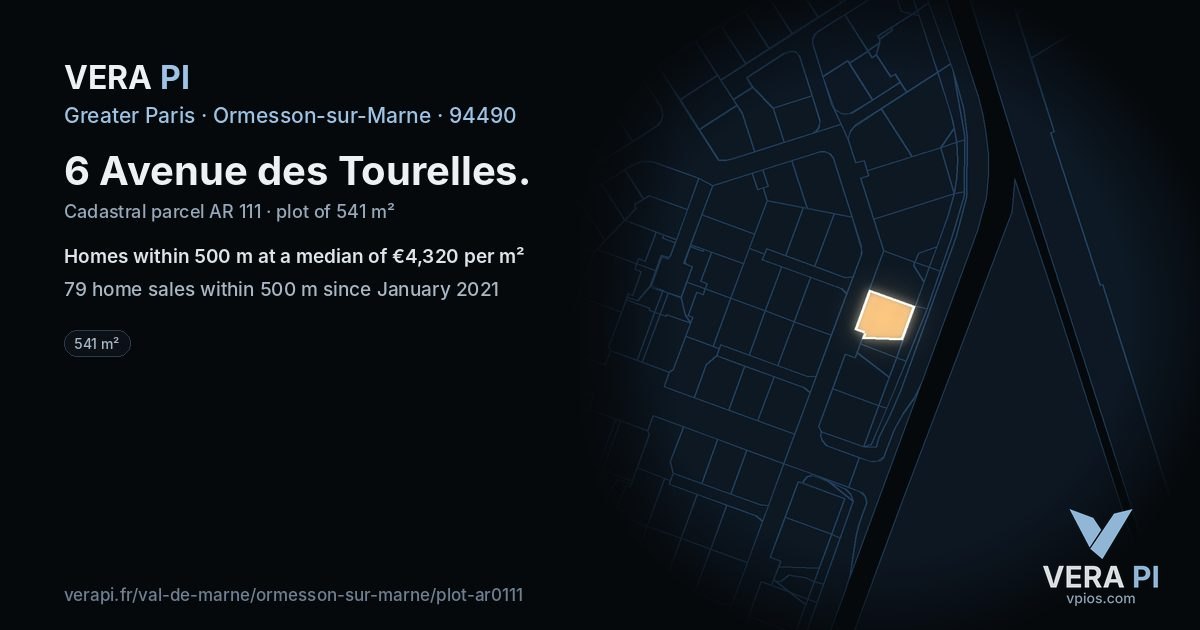 6 Avenue des Tourelles, Ormesson-sur-Marne at night – the plot lit, the parcels around coloured by the prices near them