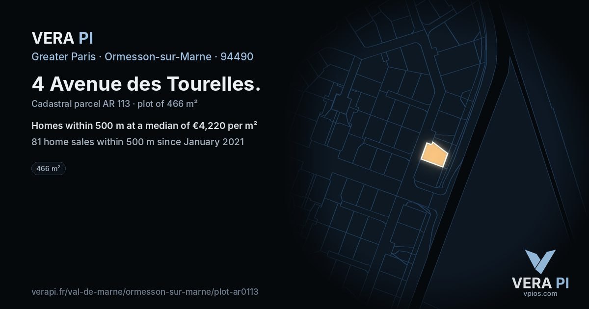 4 Avenue des Tourelles, Ormesson-sur-Marne at night – the plot lit, the parcels around coloured by the prices near them