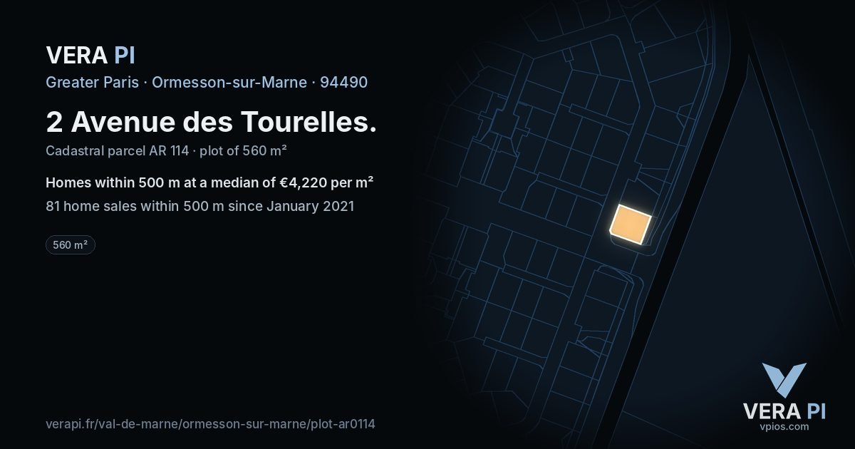 2 Avenue des Tourelles, Ormesson-sur-Marne at night – the plot lit, the parcels around coloured by the prices near them