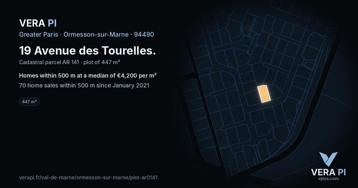 19 Avenue des Tourelles, Ormesson-sur-Marne at night – the plot lit, the parcels around coloured by the prices near them