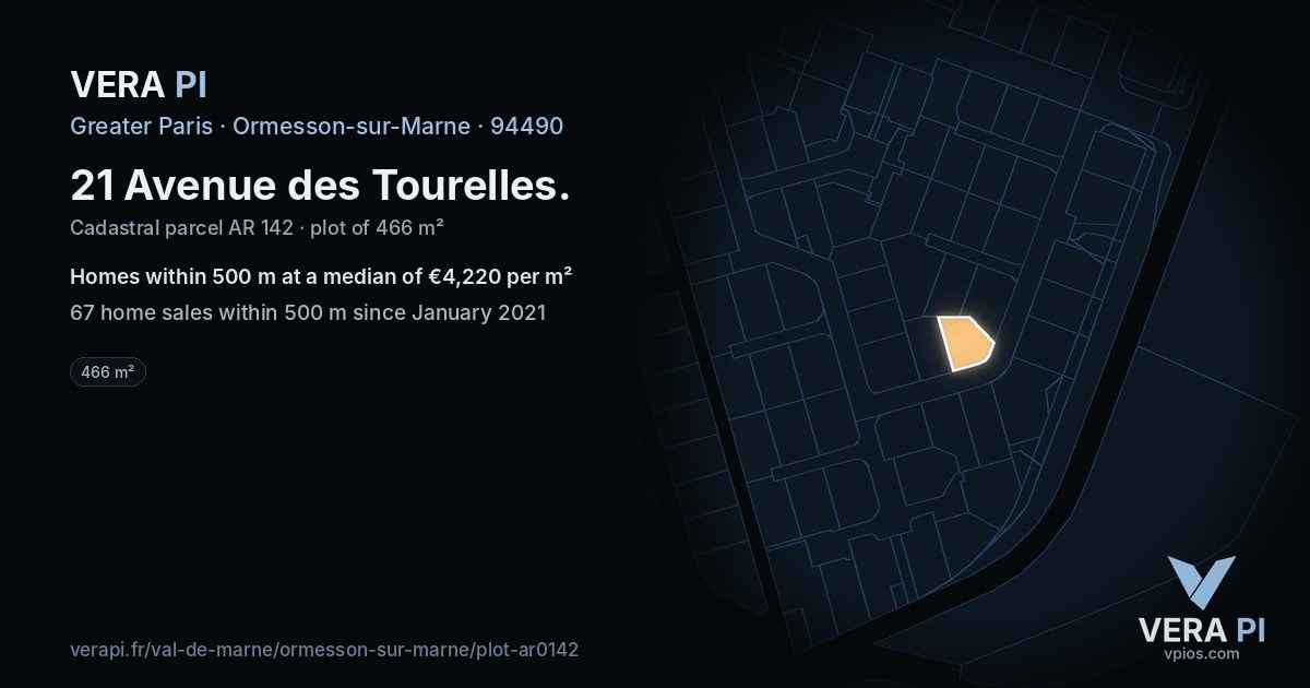 21 Avenue des Tourelles, Ormesson-sur-Marne at night – the plot lit, the parcels around coloured by the prices near them
