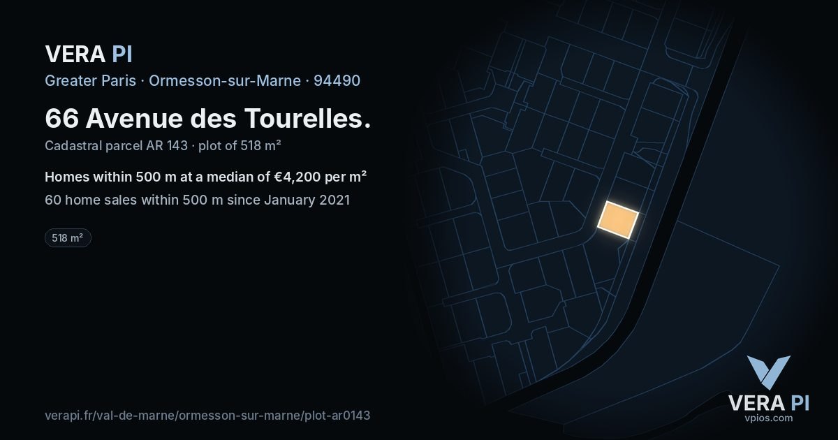 66 Avenue des Tourelles, Ormesson-sur-Marne at night – the plot lit, the parcels around coloured by the prices near them