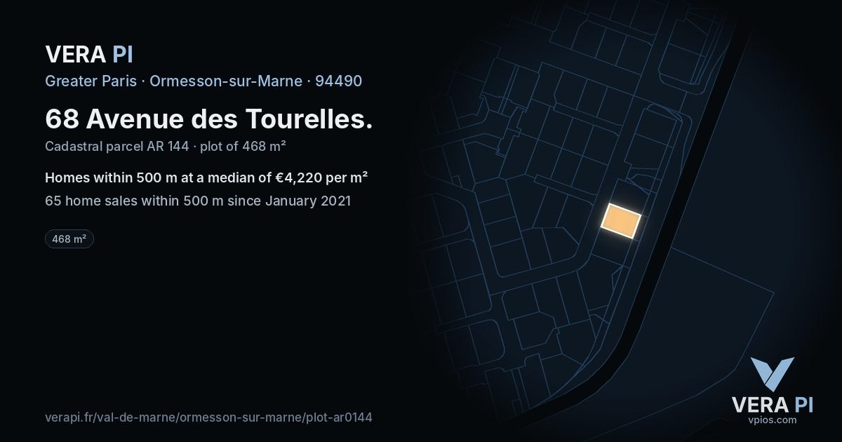 68 Avenue des Tourelles, Ormesson-sur-Marne at night – the plot lit, the parcels around coloured by the prices near them