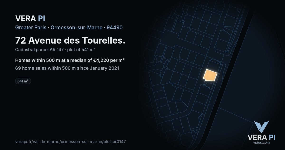 72 Avenue des Tourelles, Ormesson-sur-Marne at night – the plot lit, the parcels around coloured by the prices near them