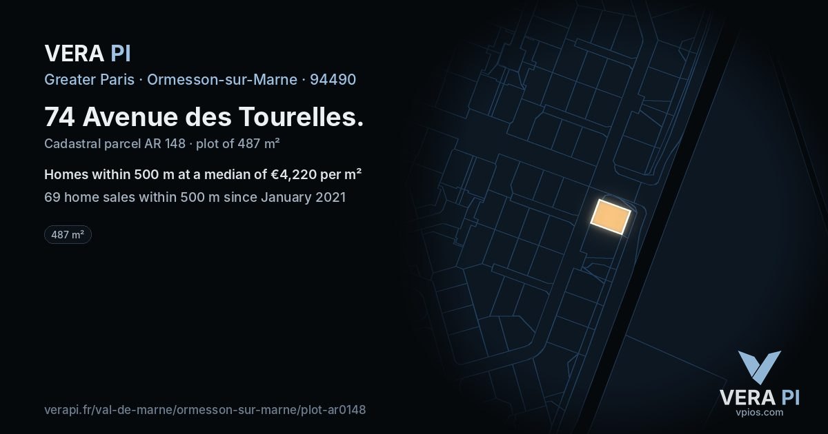 74 Avenue des Tourelles, Ormesson-sur-Marne at night – the plot lit, the parcels around coloured by the prices near them