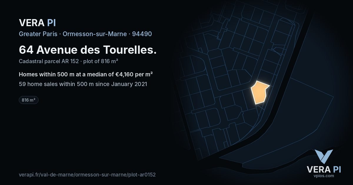 64 Avenue des Tourelles, Ormesson-sur-Marne at night – the plot lit, the parcels around coloured by the prices near them
