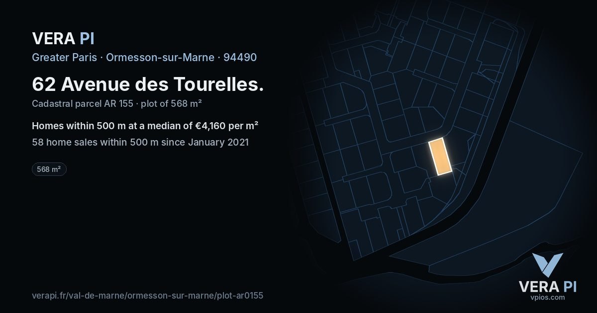 62 Avenue des Tourelles, Ormesson-sur-Marne at night – the plot lit, the parcels around coloured by the prices near them