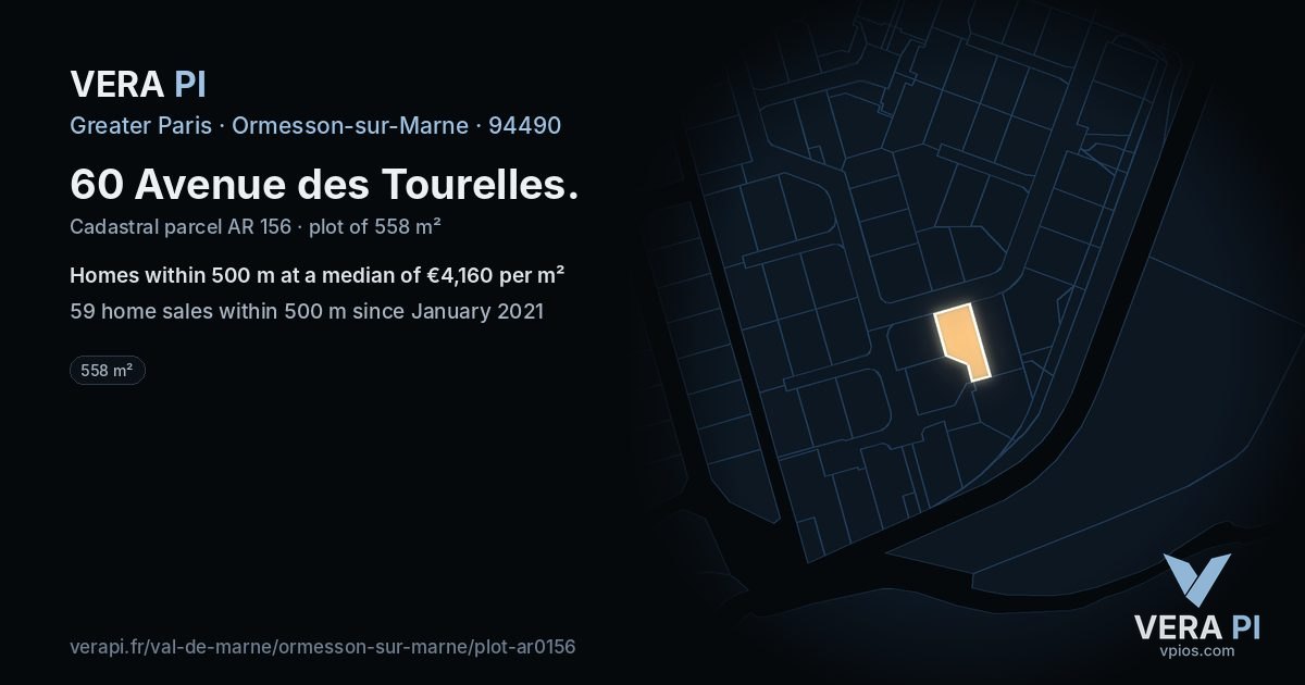 60 Avenue des Tourelles, Ormesson-sur-Marne at night – the plot lit, the parcels around coloured by the prices near them