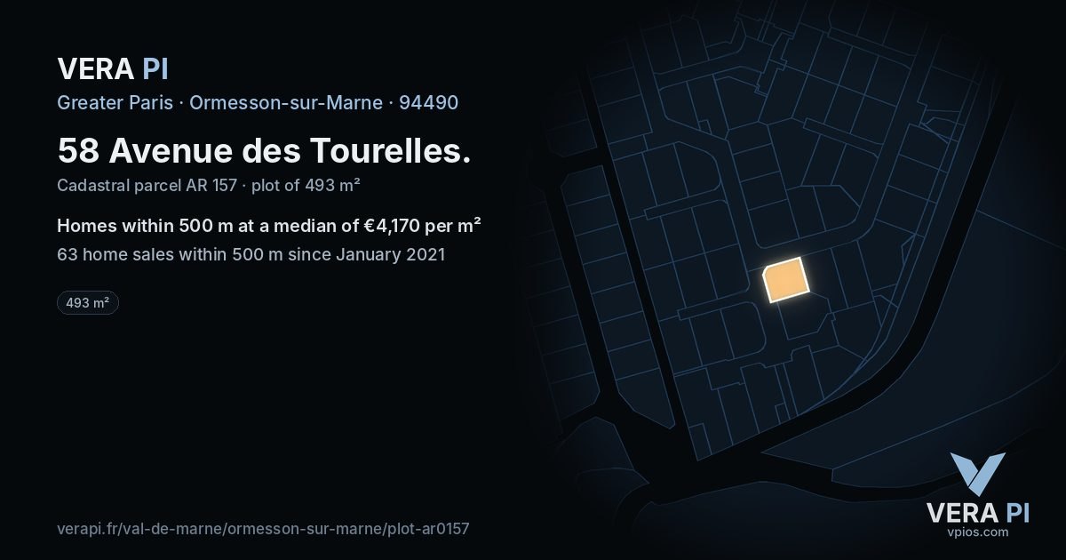 58 Avenue des Tourelles, Ormesson-sur-Marne at night – the plot lit, the parcels around coloured by the prices near them