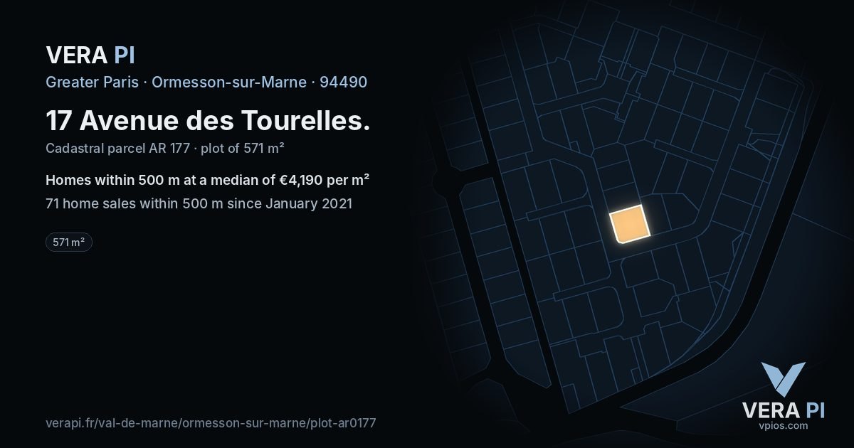 17 Avenue des Tourelles, Ormesson-sur-Marne at night – the plot lit, the parcels around coloured by the prices near them