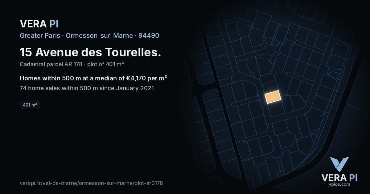 15 Avenue des Tourelles, Ormesson-sur-Marne at night – the plot lit, the parcels around coloured by the prices near them