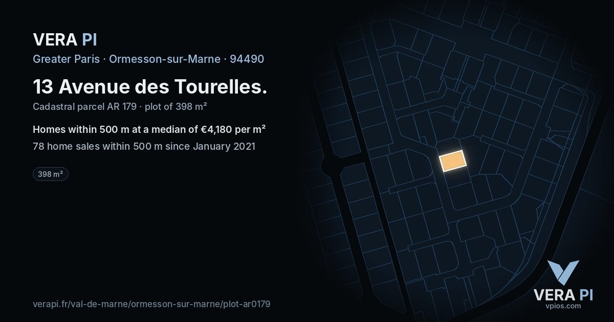 13 Avenue des Tourelles, Ormesson-sur-Marne at night – the plot lit, the parcels around coloured by the prices near them