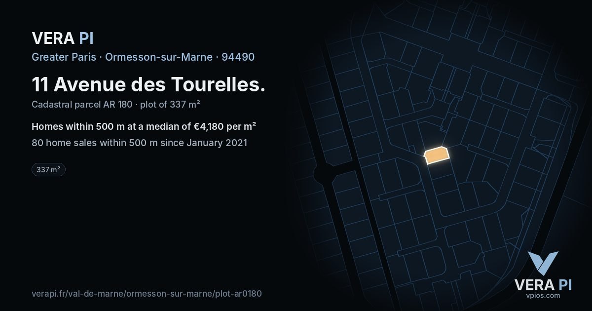 11 Avenue des Tourelles, Ormesson-sur-Marne at night – the plot lit, the parcels around coloured by the prices near them