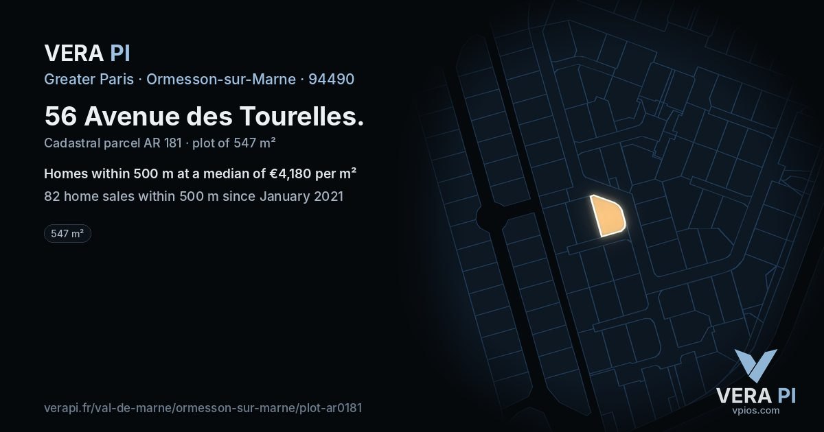 56 Avenue des Tourelles, Ormesson-sur-Marne at night – the plot lit, the parcels around coloured by the prices near them