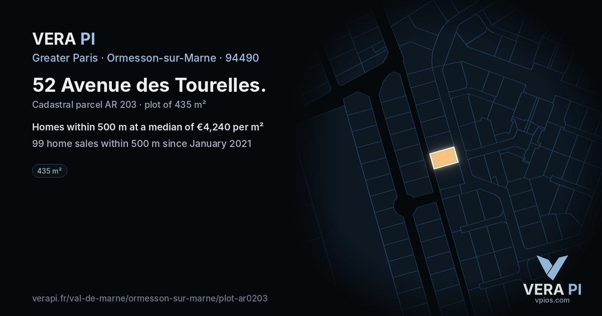 52 Avenue des Tourelles, Ormesson-sur-Marne at night – the plot lit, the parcels around coloured by the prices near them
