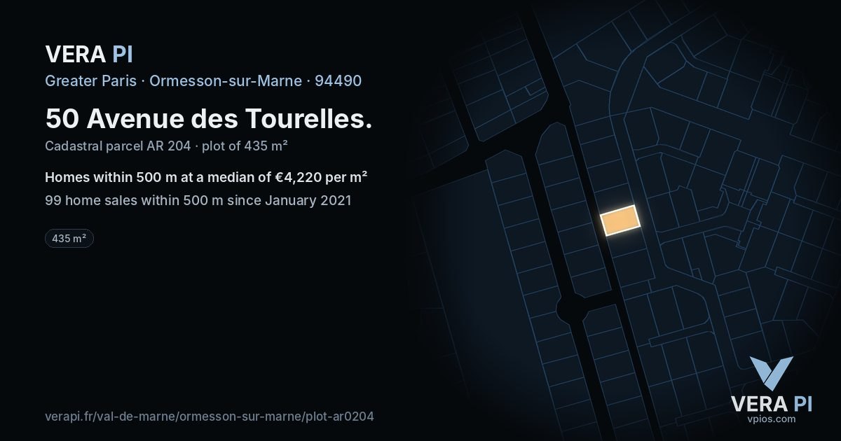 50 Avenue des Tourelles, Ormesson-sur-Marne at night – the plot lit, the parcels around coloured by the prices near them