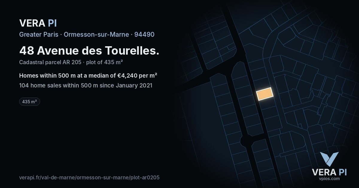 48 Avenue des Tourelles, Ormesson-sur-Marne at night – the plot lit, the parcels around coloured by the prices near them