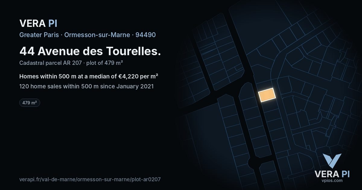 44 Avenue des Tourelles, Ormesson-sur-Marne at night – the plot lit, the parcels around coloured by the prices near them