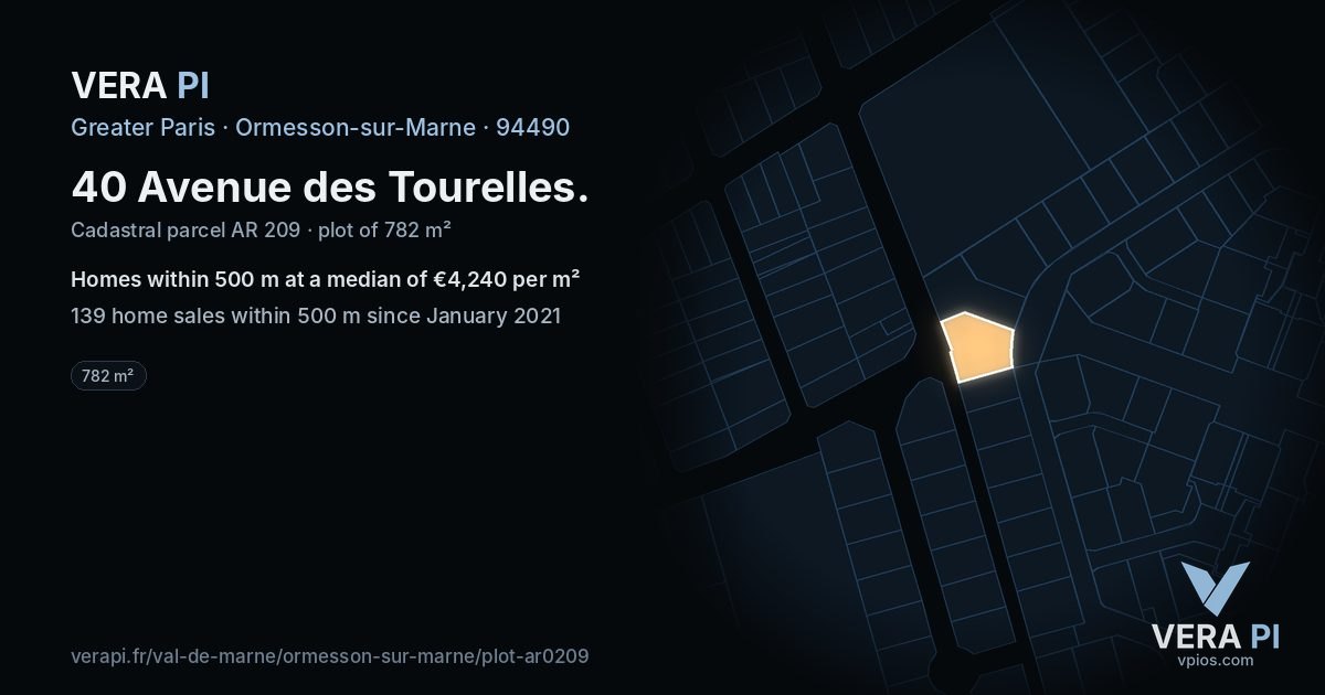 40 Avenue des Tourelles, Ormesson-sur-Marne at night – the plot lit, the parcels around coloured by the prices near them