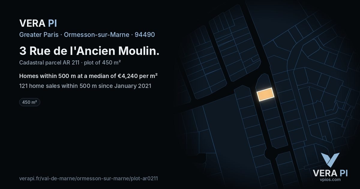 3 Rue de l'Ancien Moulin, Ormesson-sur-Marne at night – the plot lit, the parcels around coloured by the prices near them
