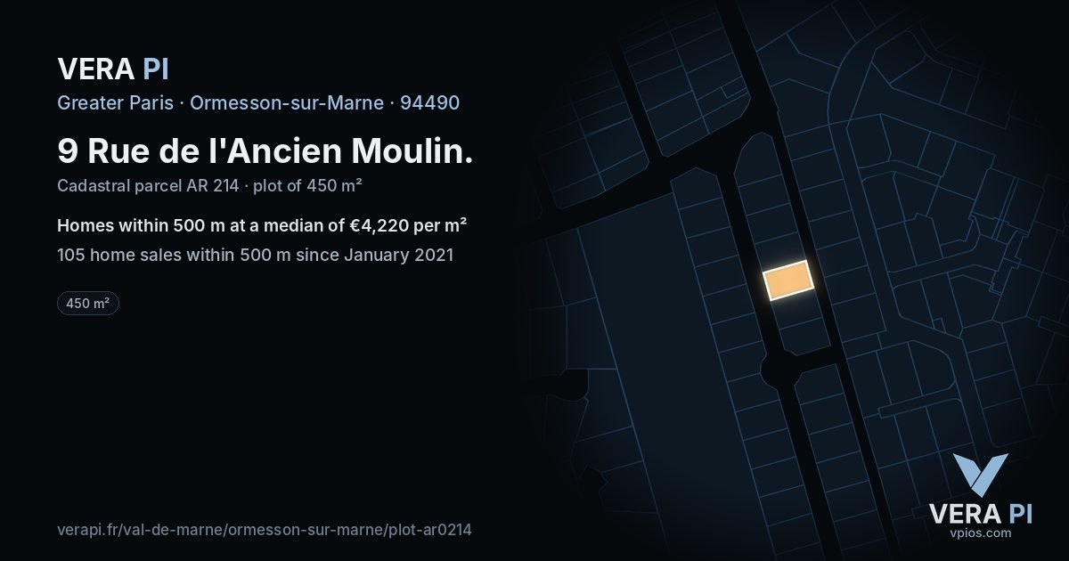 9 Rue de l'Ancien Moulin, Ormesson-sur-Marne at night – the plot lit, the parcels around coloured by the prices near them