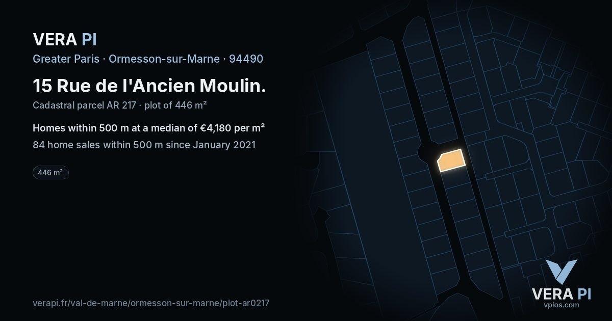 15 Rue de l'Ancien Moulin, Ormesson-sur-Marne at night – the plot lit, the parcels around coloured by the prices near them
