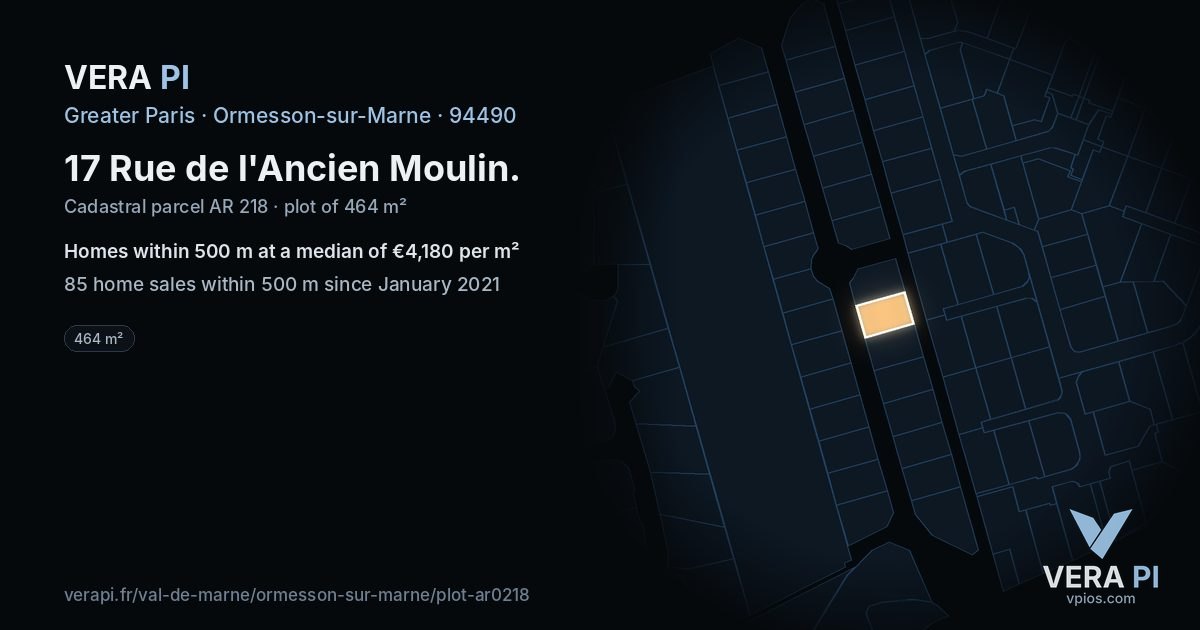 17 Rue de l'Ancien Moulin, Ormesson-sur-Marne at night – the plot lit, the parcels around coloured by the prices near them