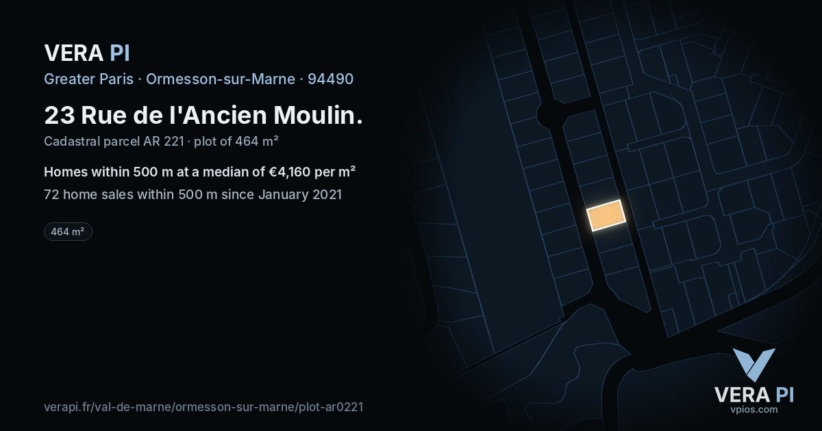 23 Rue de l'Ancien Moulin, Ormesson-sur-Marne at night – the plot lit, the parcels around coloured by the prices near them