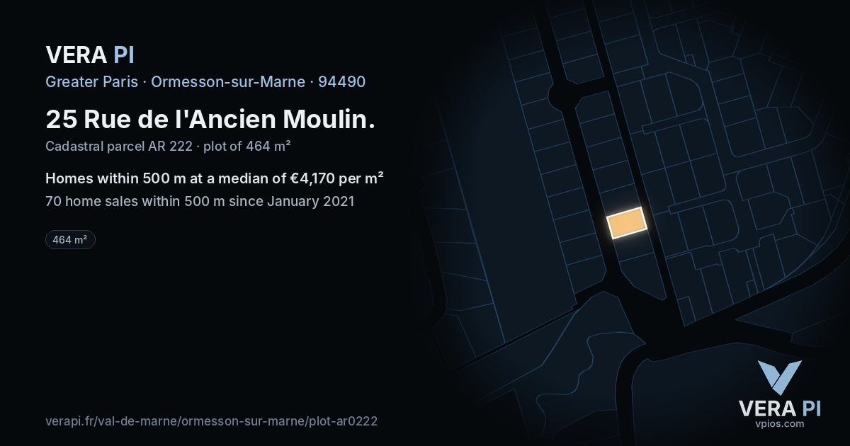 25 Rue de l'Ancien Moulin, Ormesson-sur-Marne at night – the plot lit, the parcels around coloured by the prices near them